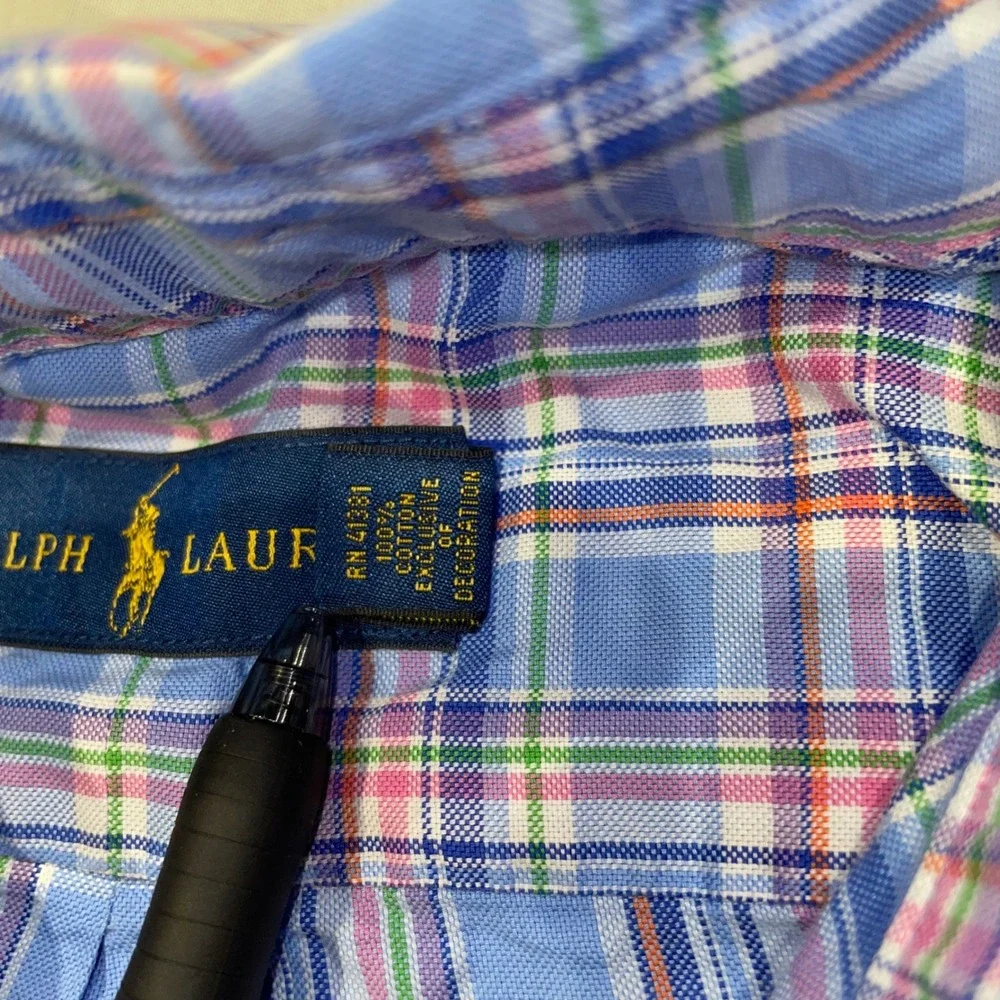 Ralph Lauren Mens Plaid Button Down Shirt Blue Pink Cotton Long Sleeve Large
